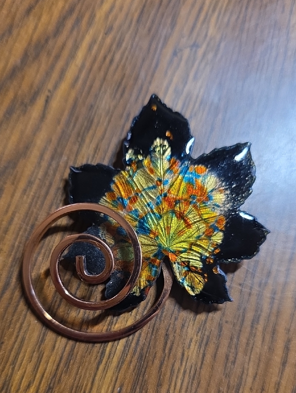 Vintage Matisse Renoir Copper and Enamel Leaf Brooch